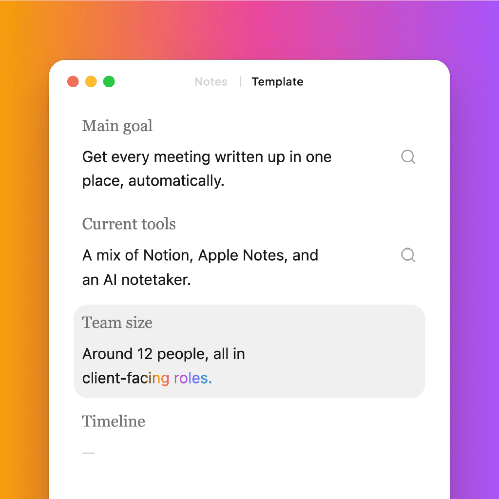 The Sorinai notepad during a call, with the Team size field filling itself in and two questions below it still unanswered.