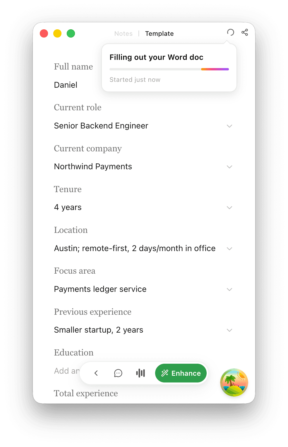 The Sorinai notepad on the Template tab, showing a progress card reading “Filling out your Word doc” while the Full name and Current role fields are already answered.