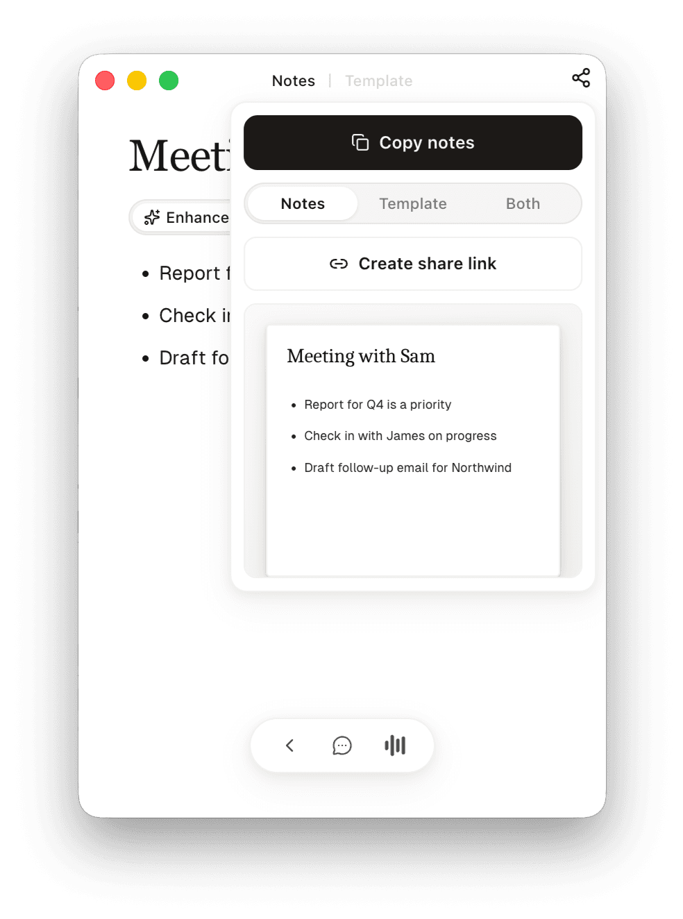 The Sorinai notepad's share panel: a Copy notes button, a switch between Notes, Template and Both, a Create share link button, and a preview of the finished note underneath.