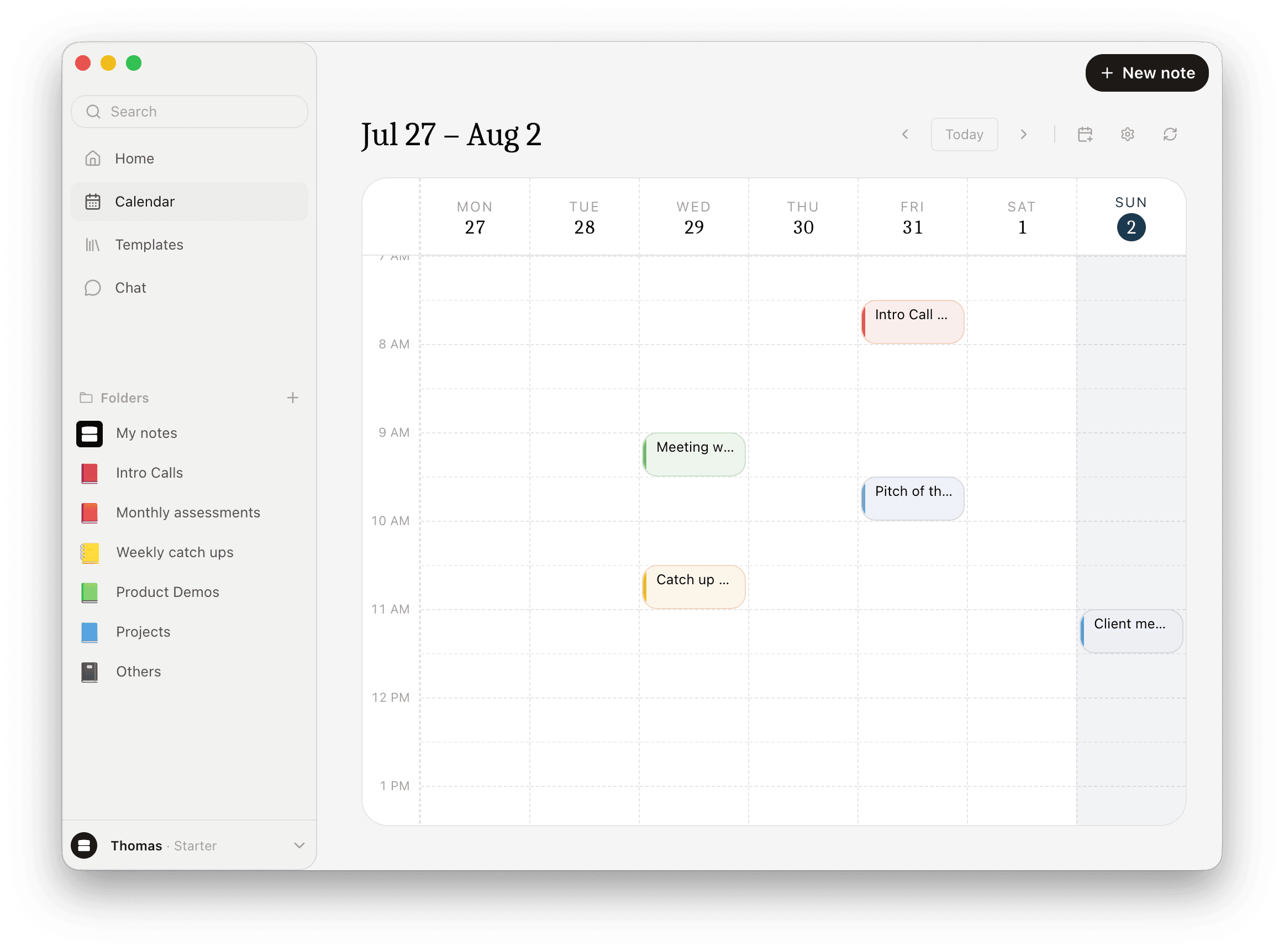 Sorinai's calendar, showing a week of meetings — an intro call, a pitch, a catch-up and a client meeting — each one ready to start a note from.