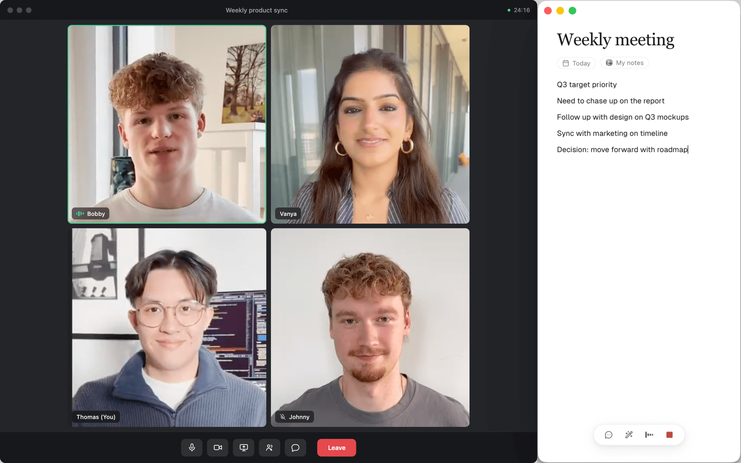 Screenshot of Sorinai in use during a video meeting: the AI meeting notepad open in its own window beside the call.