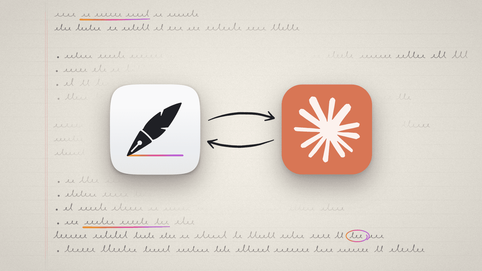 The Sorinai app icon and the Claude app icon side by side, with arrows running between them, over a page of handwritten notes.