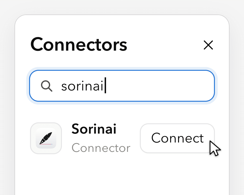 Claude's Connectors settings with 'sorinai' typed in the search box and Sorinai as the result, with a pointer on its Connect button.