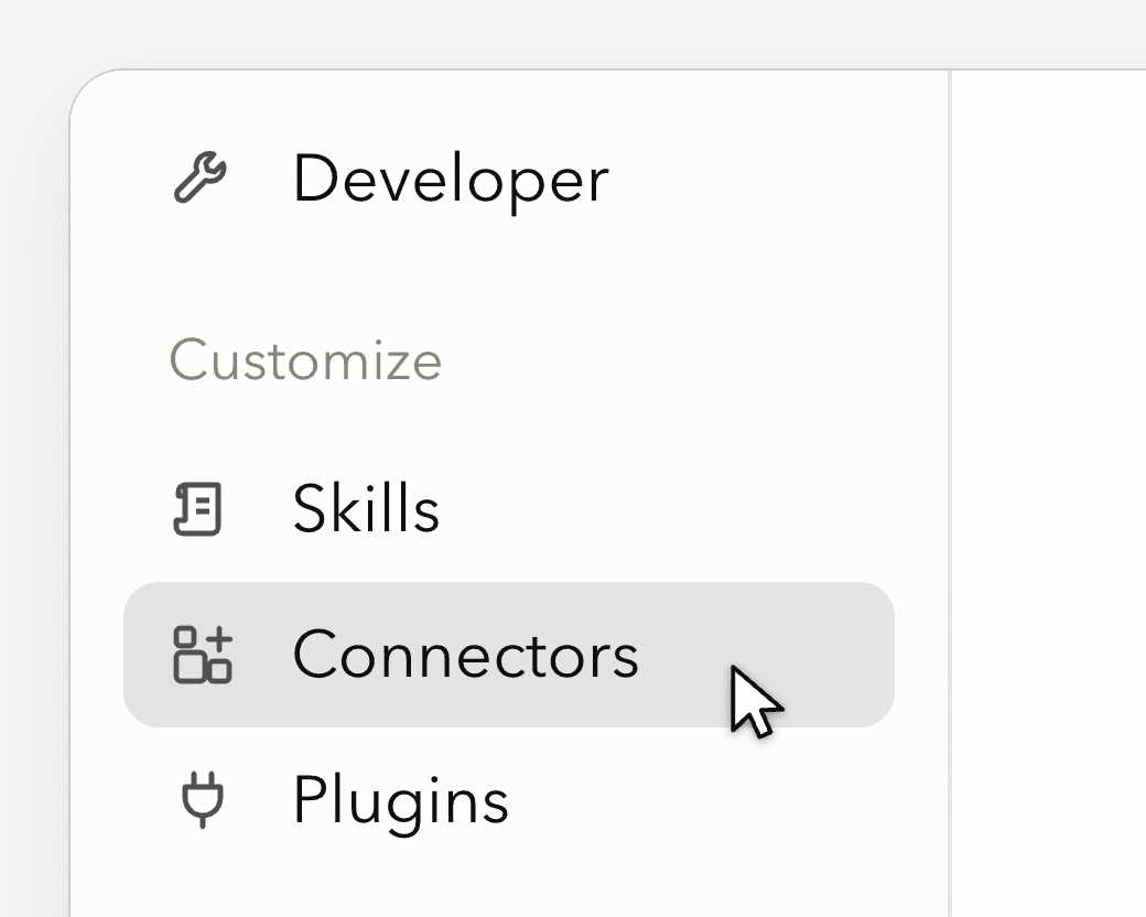Claude's settings sidebar with a pointer on Connectors, under Customize.