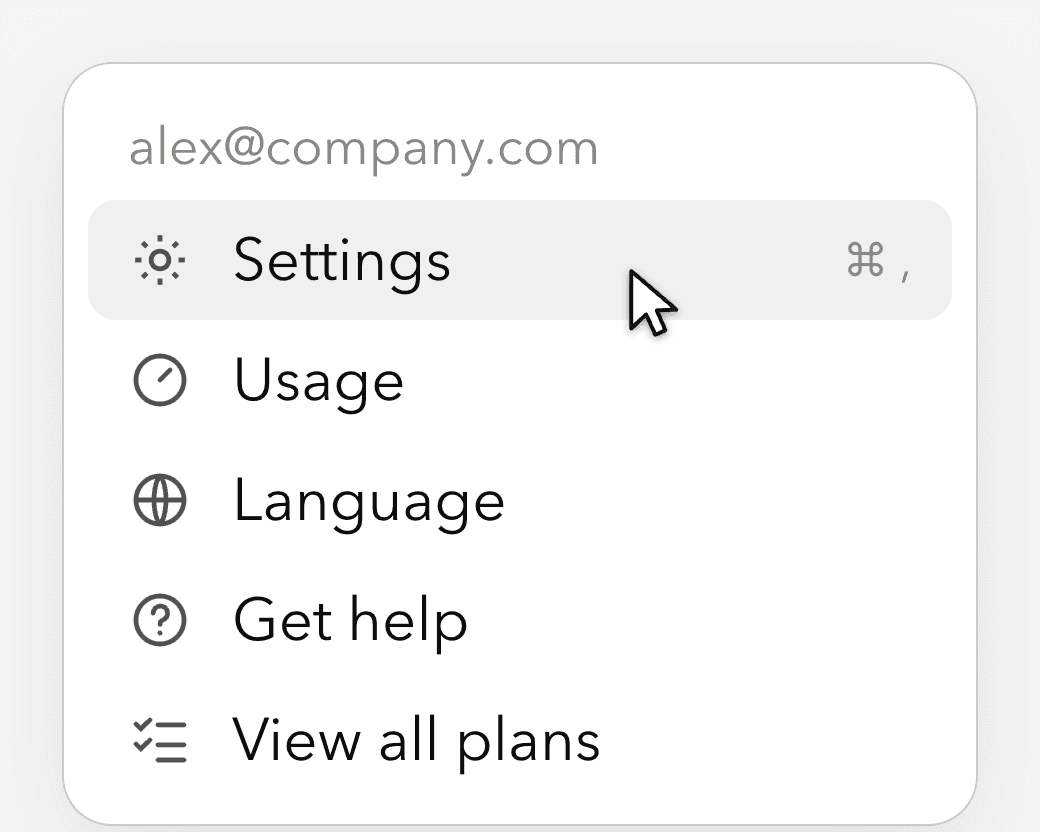 Claude's account menu, opened from your name at the bottom left, with a pointer on Settings.
