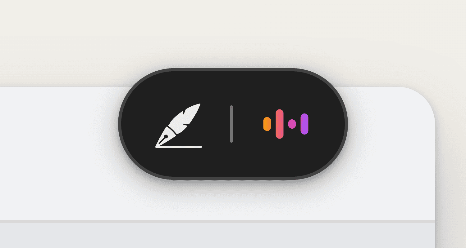 The top-right corner of a video call window with the Sorinai pill resting on it — a small dark rounded pill holding the Sorinai quill mark, a thin divider, and four coloured bars showing the call's audio.